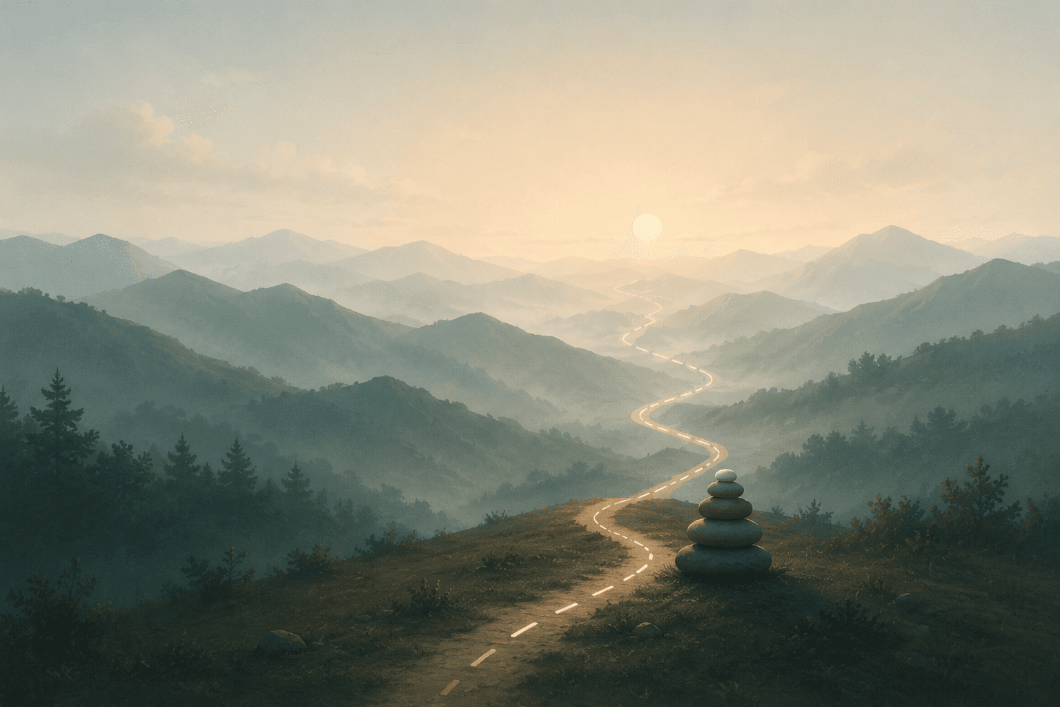 A mountain trail winding past a small cairn marker.